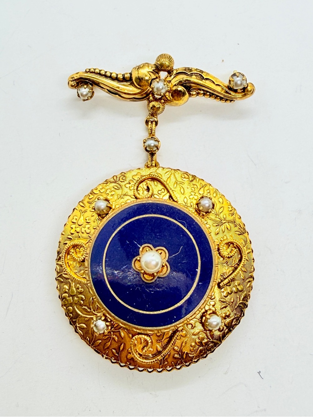 Vintage Georgian Style Gold Tone Ornate Floral Blue Enamel Faux Pearl Brooch Pin